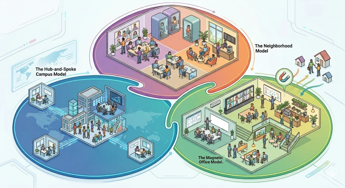 Illustration of Miami office architecture models: Hub-and-Spoke, Neighborhood, and Magnetic Office layouts for modern interior workplace strategy.